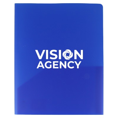 Blue vinyl folder with a branded logo.