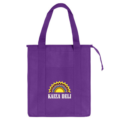 Polypropylene black cooler tote with full-color logo, 9-inch gussets and insulated lining.