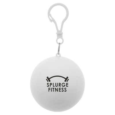 Black plastic ball keychain containing a poncho with custom one color promotional imprint.