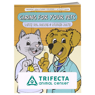 Multicolored paper coloring book with a custom imprint.