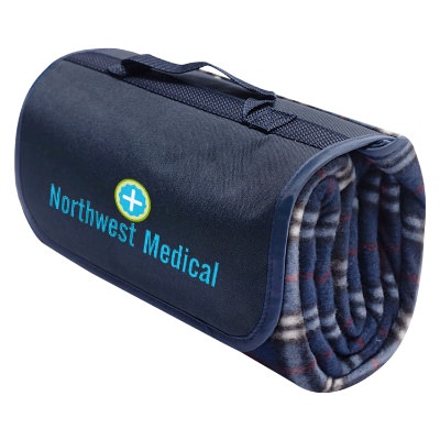 Embroidered patterned polyester blanket that can fold within itself with attached handle.