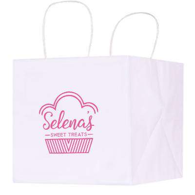 Kraft paper white 10 inch wide takeout bag with imprinting.