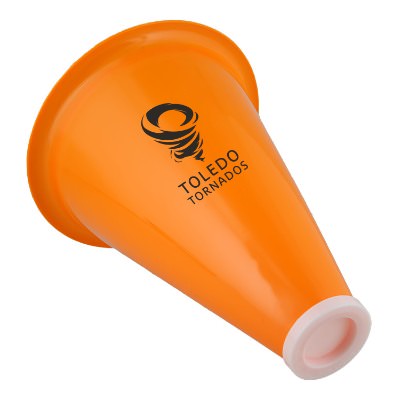 Orange plastic megaphone with a branded logo.