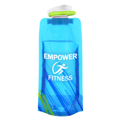 Blue drink pouch with custom logo.