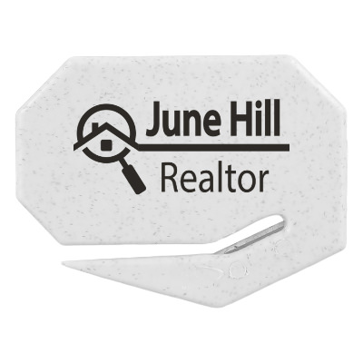White plastic letter opener with a custom imprint.