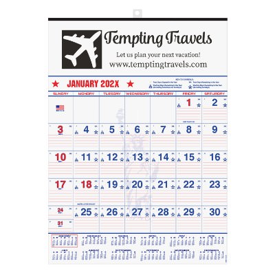 Red, white, and blue paper calendar with full color promotional imprint.