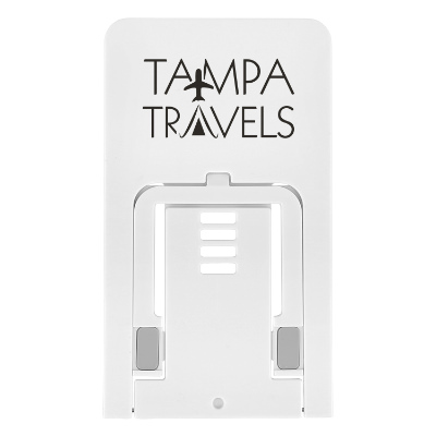 White plastic phone stand with a personalized logo.