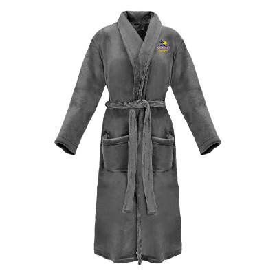 Silver polyester robe with custom embroidered logo.