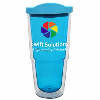 Plastic aqua tumbler with custom full-color logo in 24 ounces.