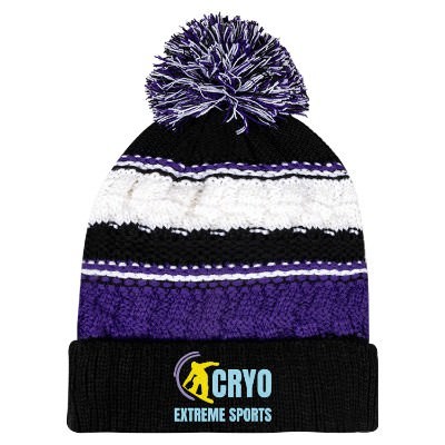 Custom purple and black embroidered beanie.