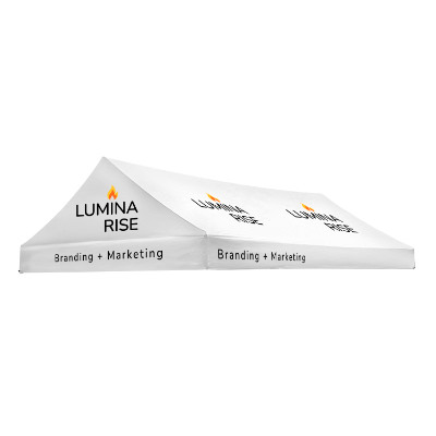 White 10-ft. x 15-ft. gable tent canopy with custom imprint in 5 locations.