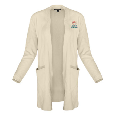 Custom cream cardigan with embroidered imprint.