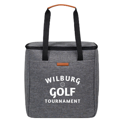 Gray polyester cooler with a custom logo.