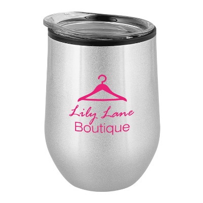 Silver wine tumbler with custom imprint.