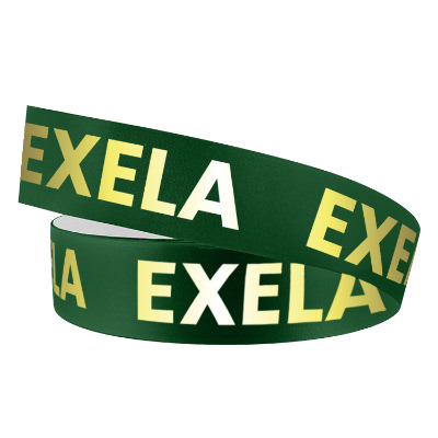 Green satin ribbon with a branded logo.