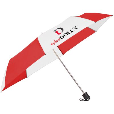 42 inch red and white budget panel umbrella with full color branding.