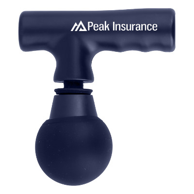 Blue plastic massager with a personalized logo.
