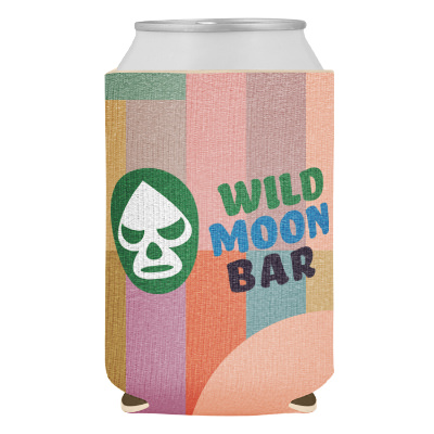 Boho abstract can cooler with custom full color imprint.