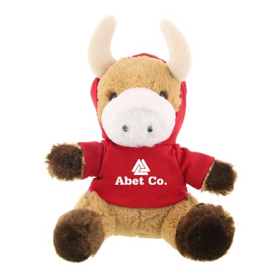 Plush and cotton bull with red hoodie with branded imprint.