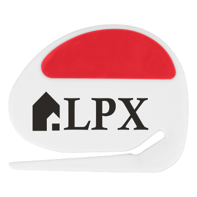 Red plastic letter opener with a branded logo.