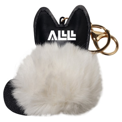 Fluffy cat ball key ring with one color custom imprint on the back of the cats head.