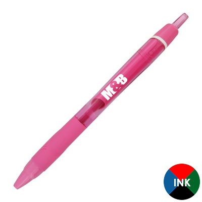 Pink plastic pen with a custom imprint.