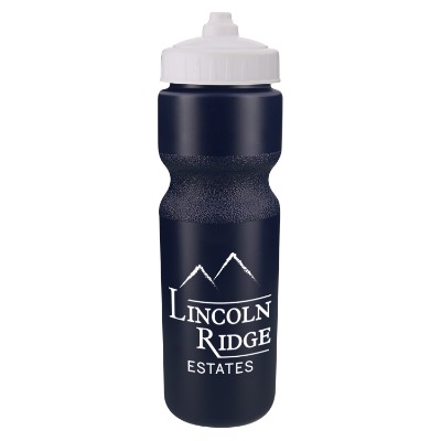 Plastic navy sports bottle with valve lid and custom branding in 28 oz.