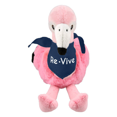Plush and cotton flamingo with a blue bandana with a custom imprint.