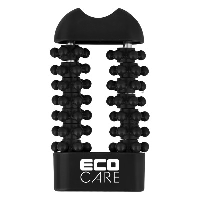 Black plastic massager with a custom logo.