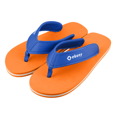 Orange and white flip flops with royal straps and a custom logo.