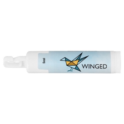 White plastic lip balm with a branded imprint.