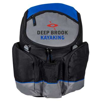 Blue backpack cooler with full-color logo.