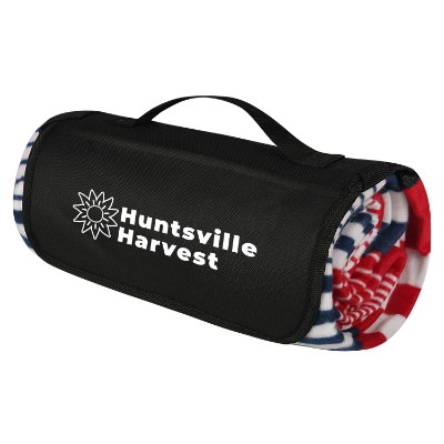 Red and navy blue full color picnic blanket with full color design.