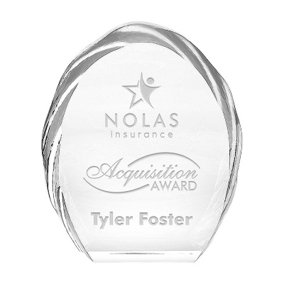 Glass award with custom laser engraved imprint.