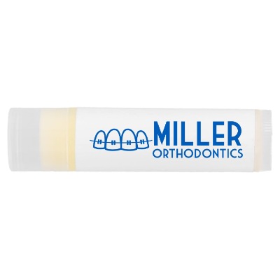 Clear plastic lip balm with a personalized imprint.