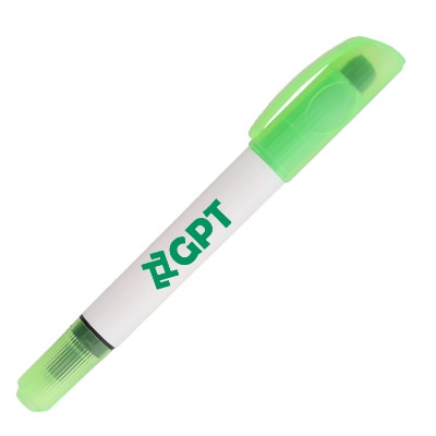 Green plastic highlighter with a customized logo.