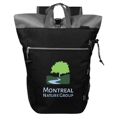 Black polyester cooler with a branded logo.