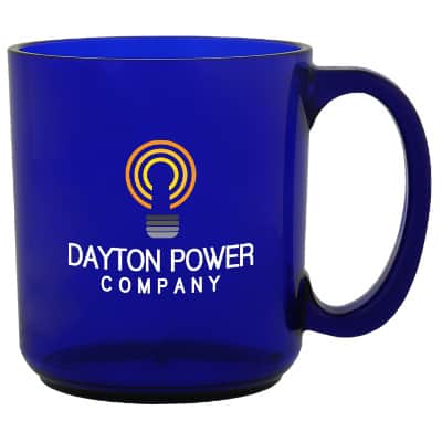 Acrylic blue coffee mug with c-handle and custom full-color print in 16 ounces.