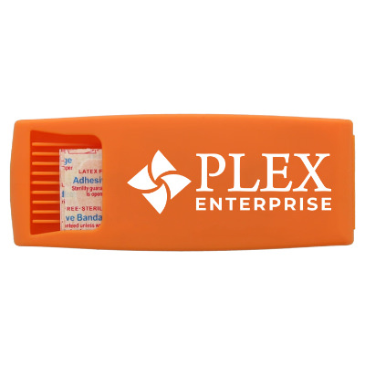 Orange plastic bandage dispenser with a branded imprint.