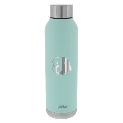 Stainless aqua water bottle with custom engraved logo.