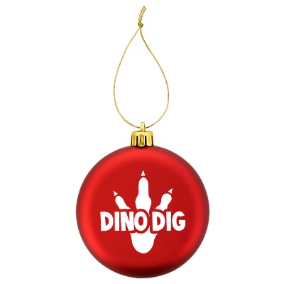 Red plastic ornament with a branded logo