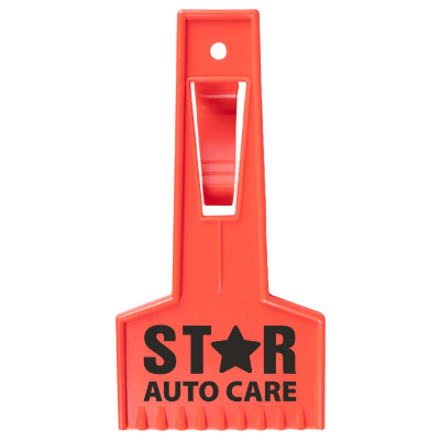 Red plastic ice scraper with visor clip with custom promotional imprint.