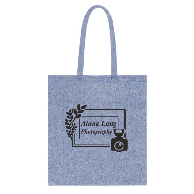 Blue recycled cotton twill tote bag with custom logo.