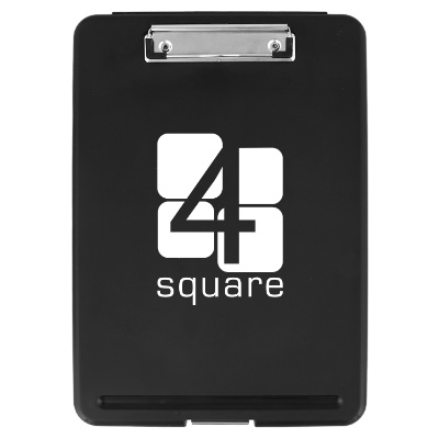 Black plastic clipboard with a personalized logo.