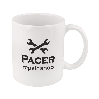 Ceramic white coffee mug with custom advertising and c-handle in 11 ounces.