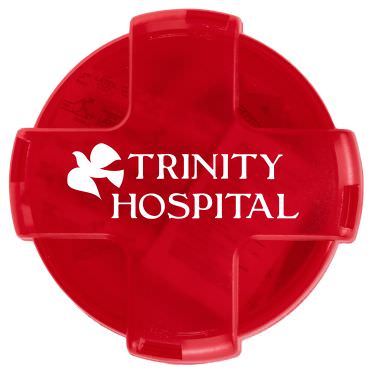 Plastic red first aid kit with a personalized imprint.
