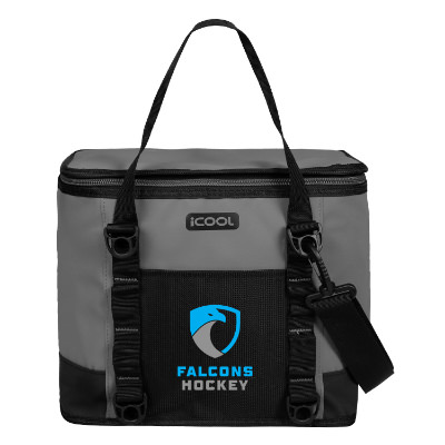 Gray polyester cooler with a custom logo.