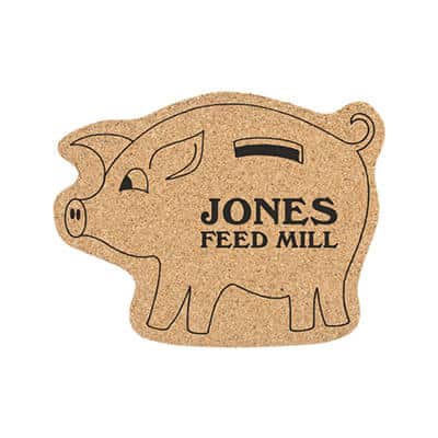 Cork piggy bank coaster with logo.