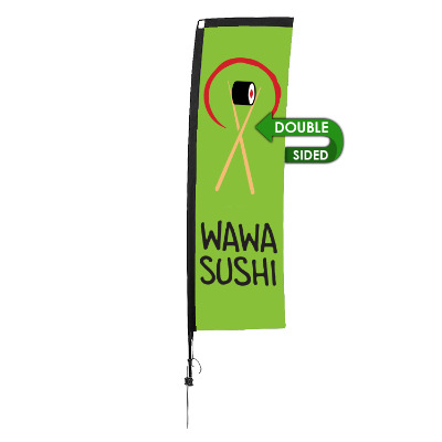 10-ft. double-sided stand-up flag with custom logo.