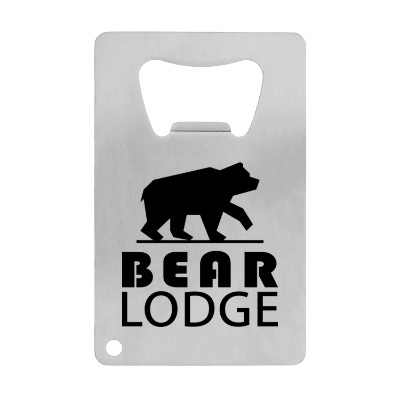Silver credit card shaped bottle opener with custom imprint.